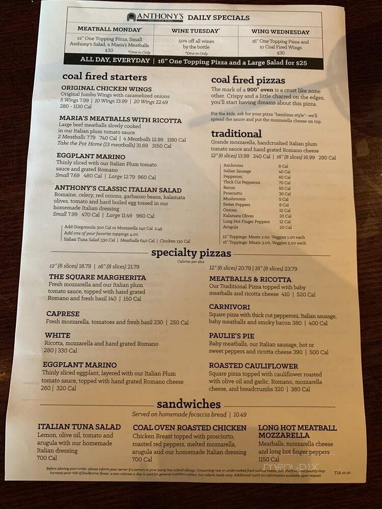 Anthony's Coal Fired Pizza - Wilmington, DE menu_pic