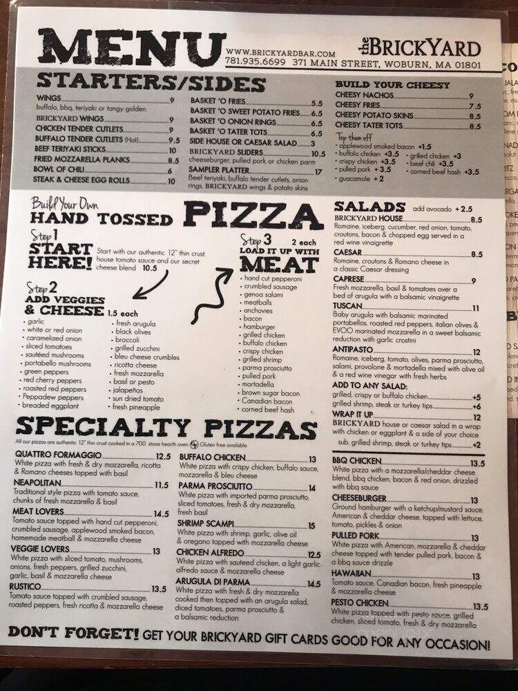The Brickyard Authentic Pizzeria and Burger Bar - Woburn, MA menu_pic