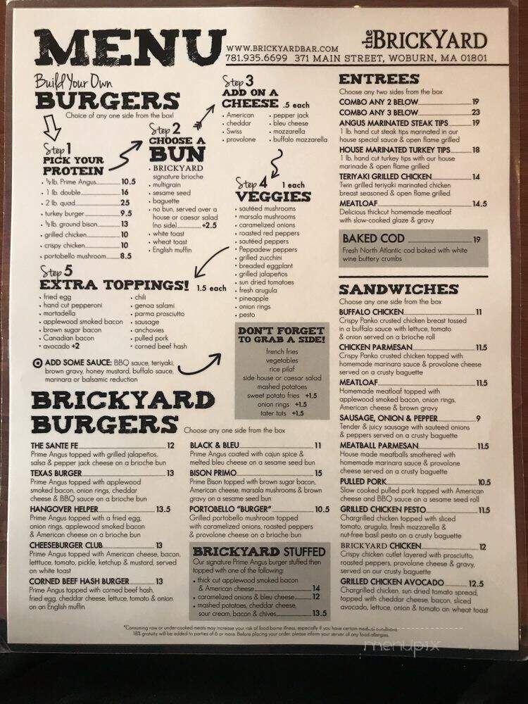 The Brickyard Authentic Pizzeria and Burger Bar - Woburn, MA menu_pic