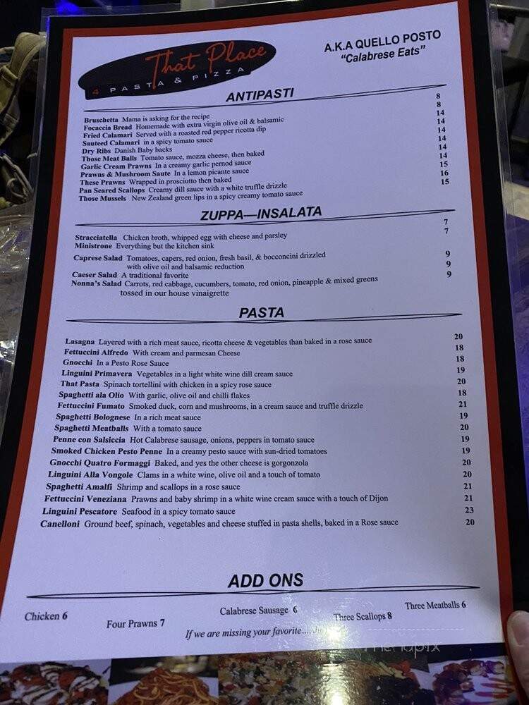 That Place 4 Pasta Pizza - Coquitlam, BC menu_pic