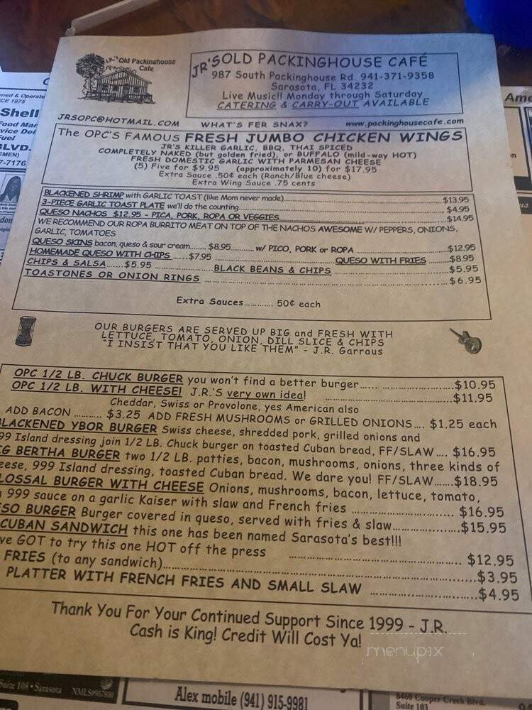 J.R.s Old Packinghouse Cafe - Sarasota, FL menu_pic
