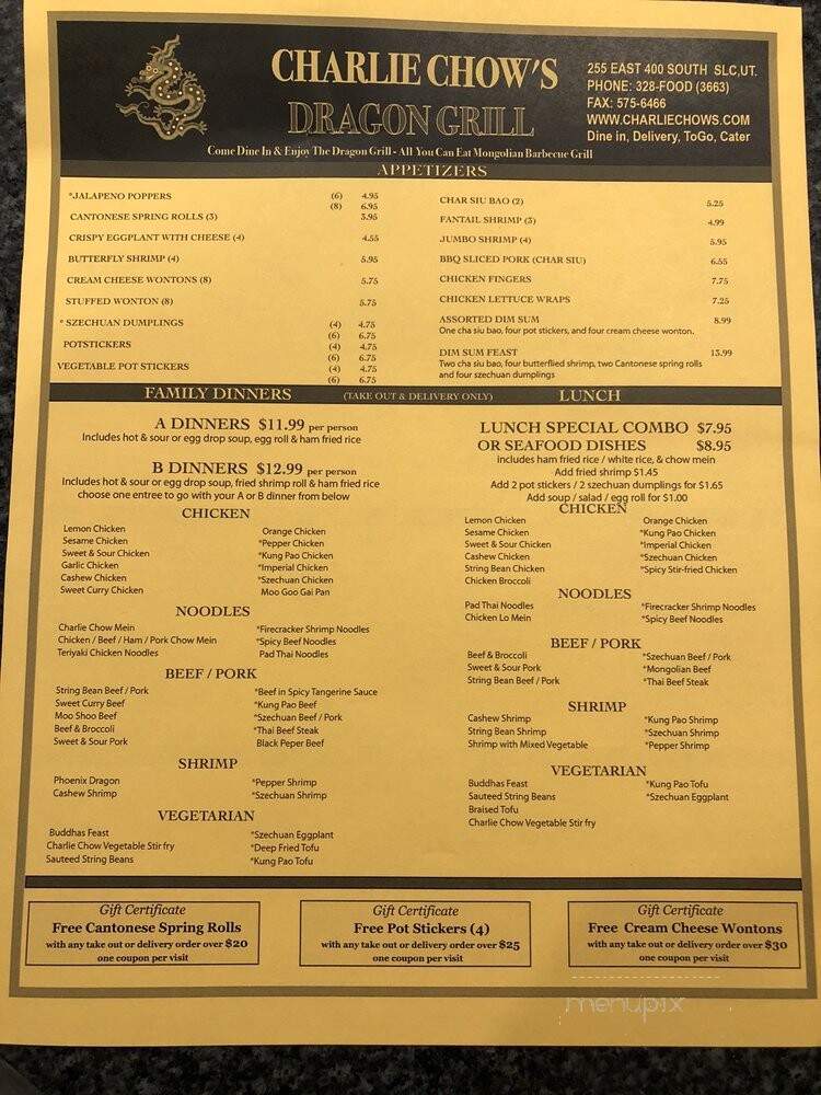 Charlie Chows Dragon Grill - Salt Lake City, UT menu_pic