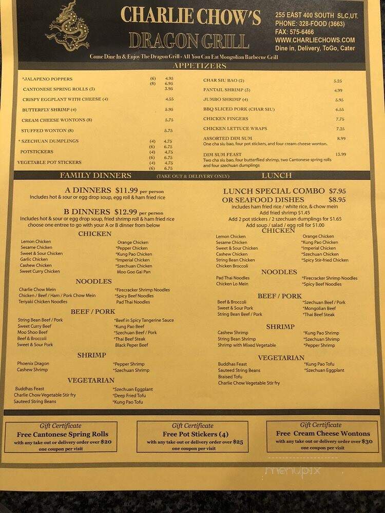 Charlie Chows Dragon Grill - Salt Lake City, UT menu_pic