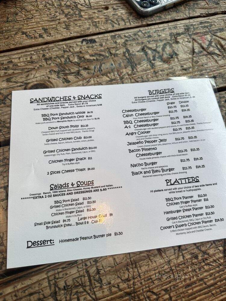 Cooter's Rib Shack - Jacksonville, AL menu_pic