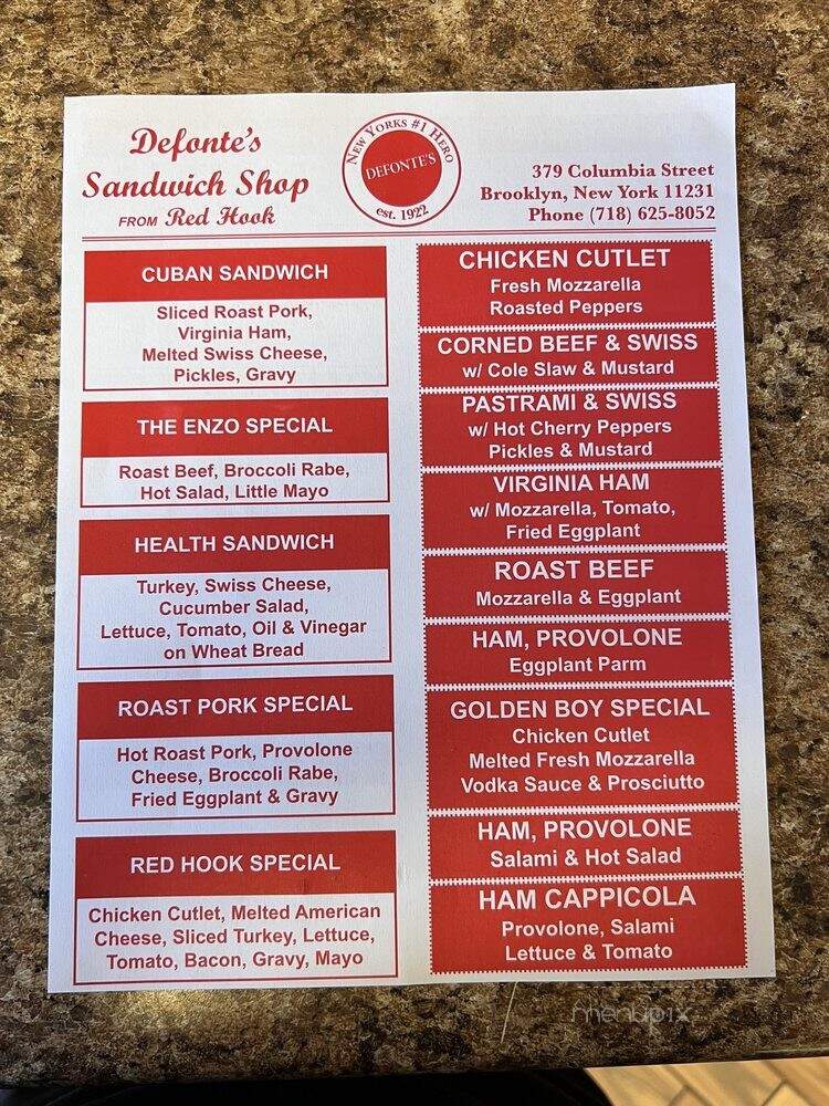 Defontes - Brooklyn, NY menu_pic