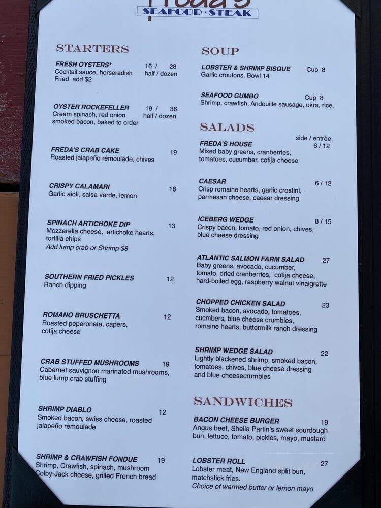 Fredas Seafood Grill - Austin, TX menu_pic