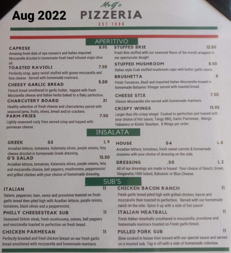 Mr G's - Bryan, TX menu_pic