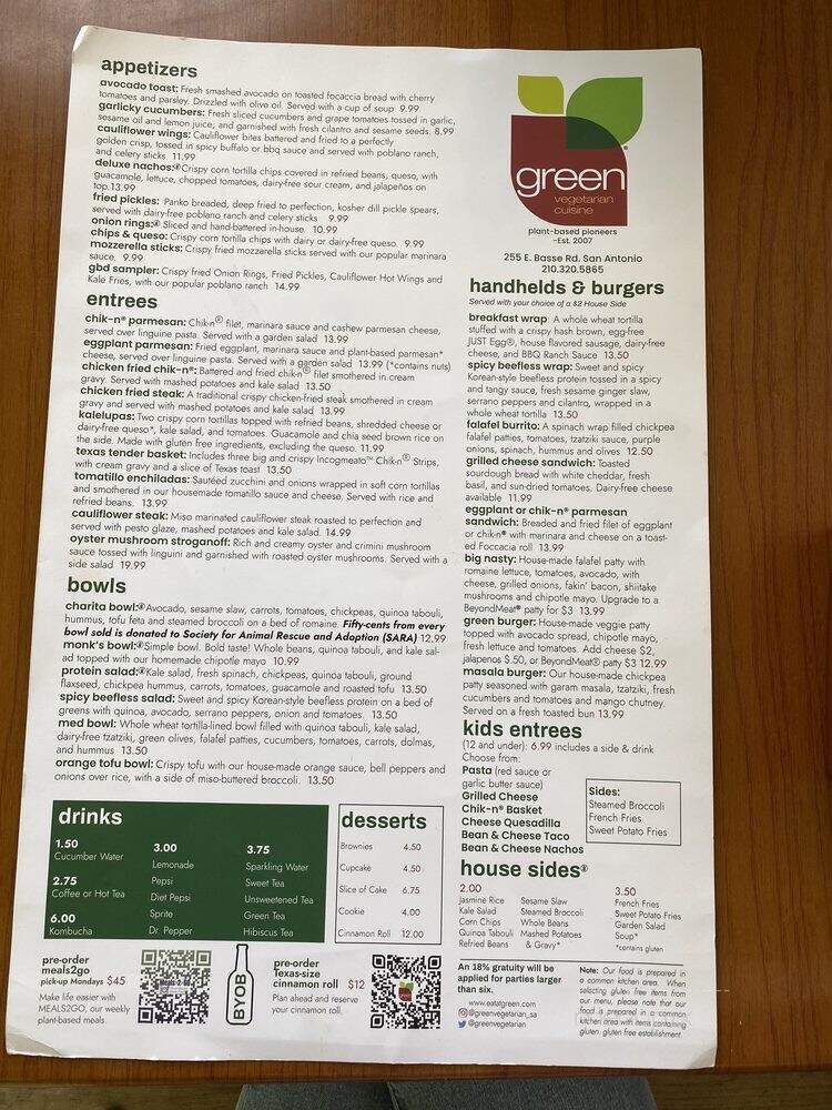 Green Vegitarian Cuisine - San Antonio, TX menu_pic