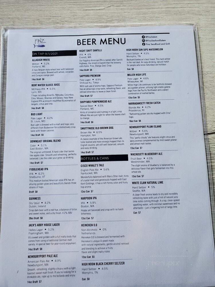 Finz Seafood & Grill - Salem, MA menu_pic