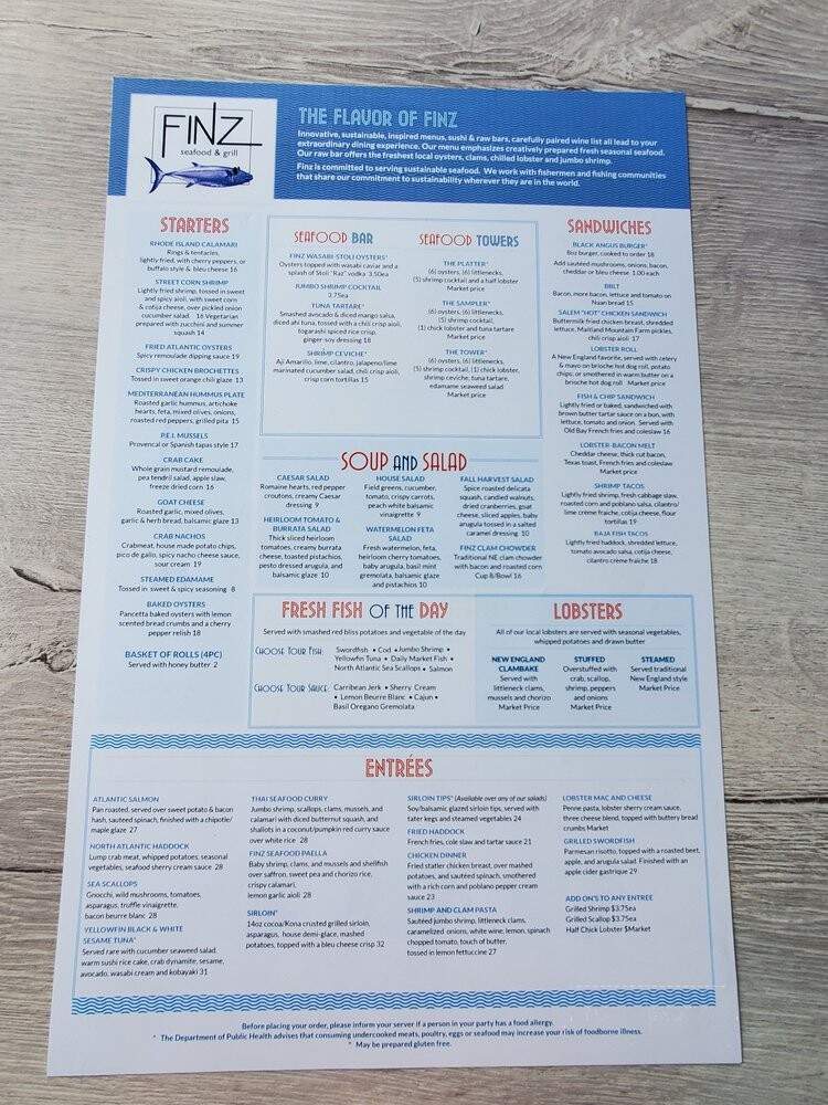Finz Seafood & Grill - Salem, MA menu_pic