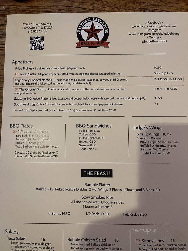 Judge Beans Bar-B-Que & Steak House - Brentwood, TN menu_pic