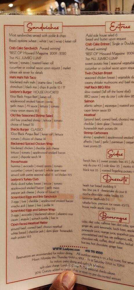 Lee Lynn's Dinning Room and Lounge - Ellicott City, MD menu_pic