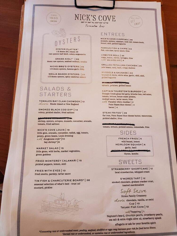 Nick's Cove - Marshall, CA menu_pic