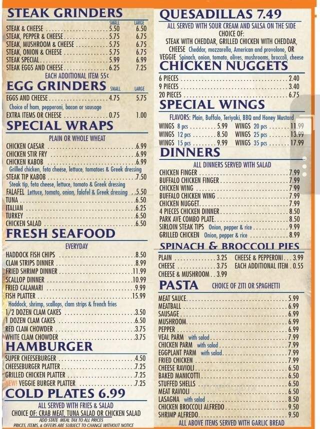 Park Avenue Pizza - Woonsocket, RI menu_pic