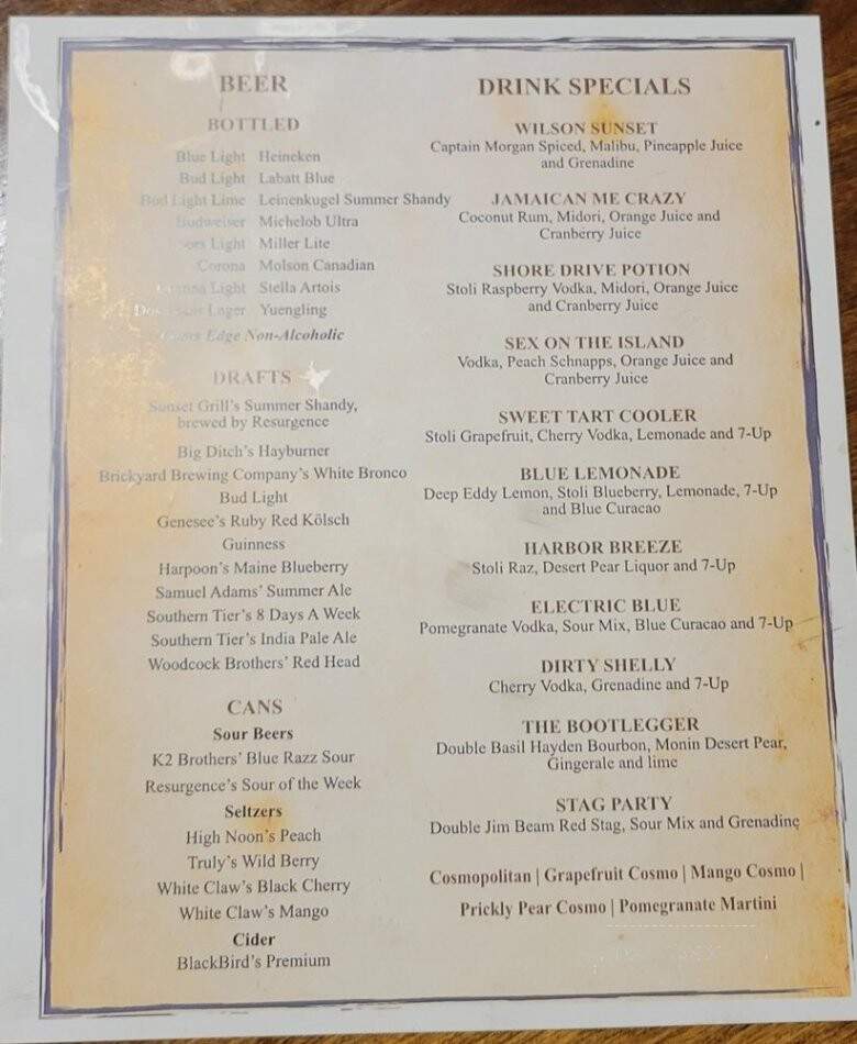 Sunset Grill - Wilson, NY menu_pic