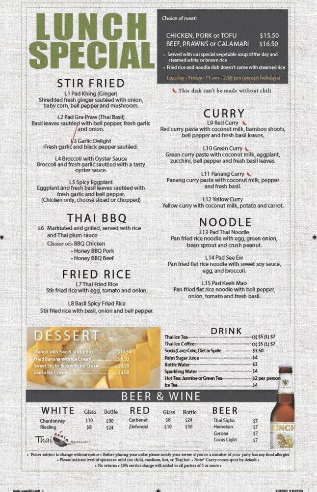 Thai Grata Restaurant - San Jose, CA menu_pic