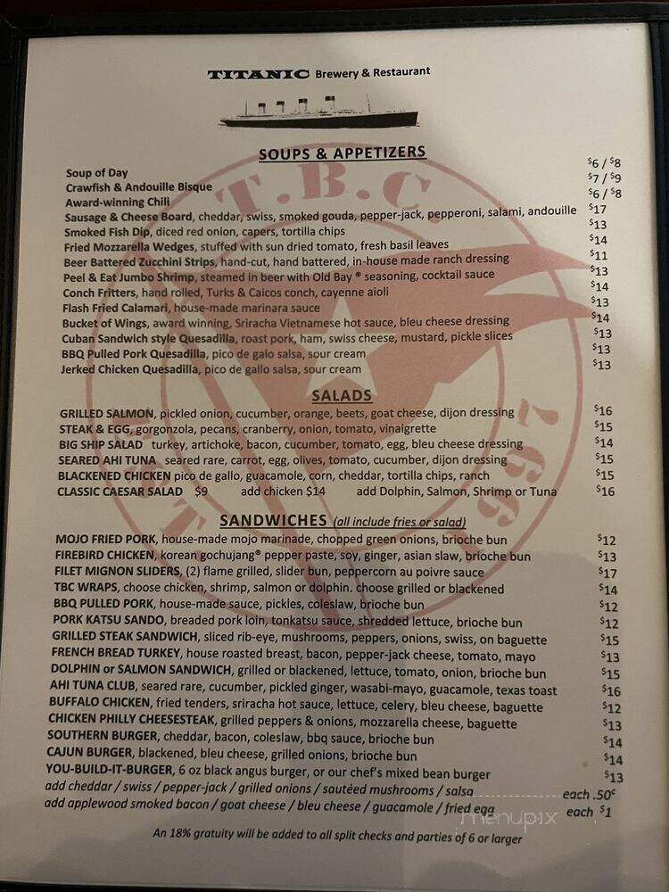 Titanic Brewery - Coral Gables, FL menu_pic
