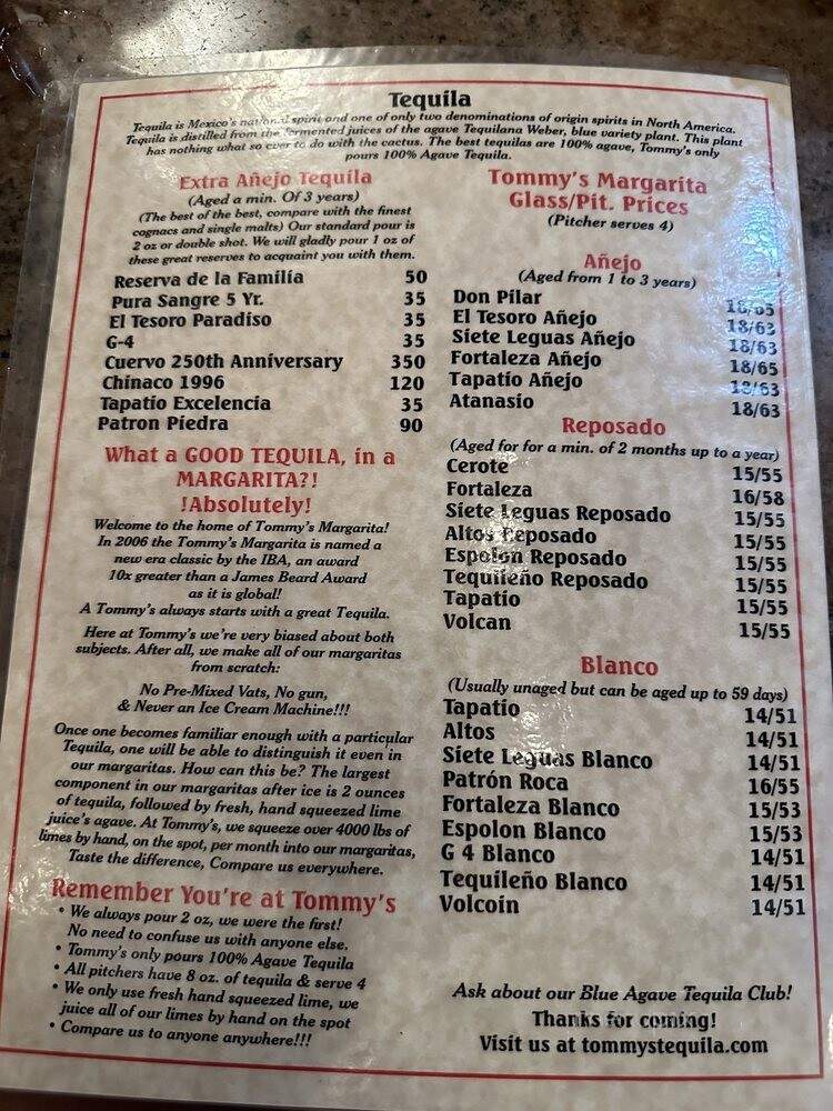 Tommy's Restaurant - San Francisco, CA menu_pic