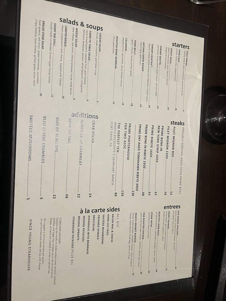Vince Young Steakhouse - Austin, TX menu_pic