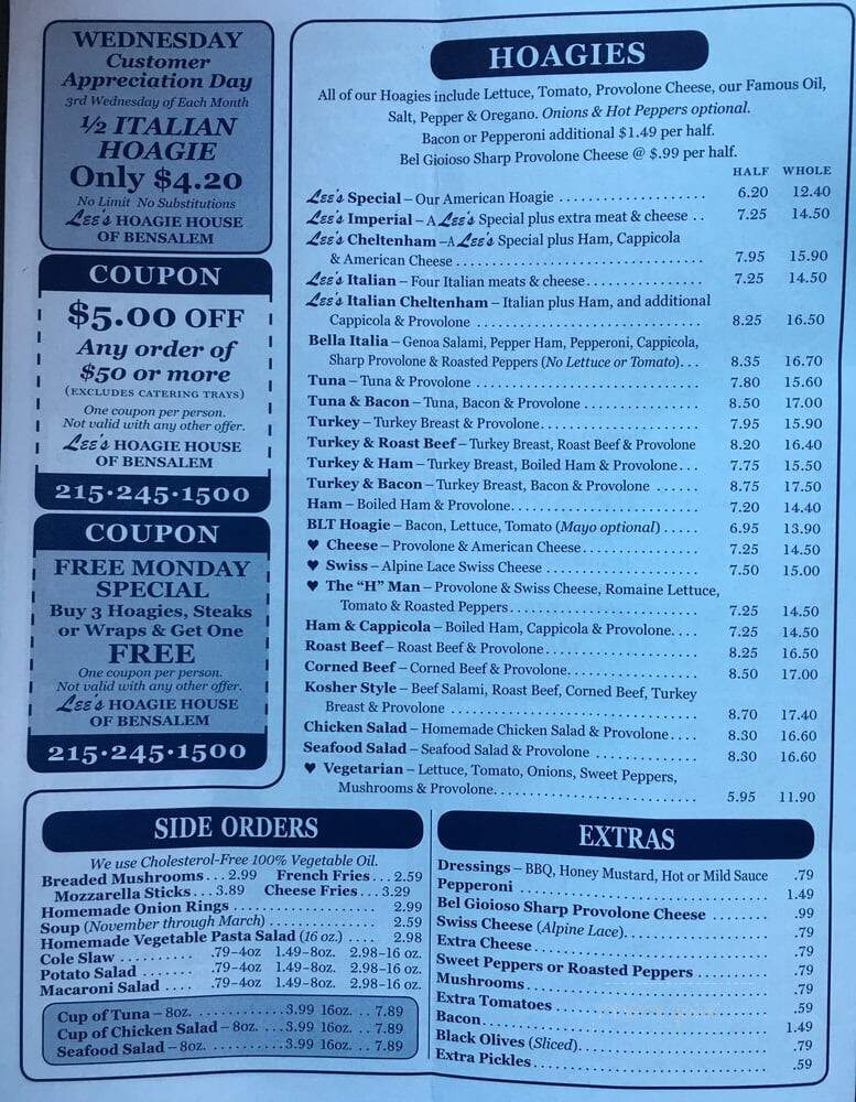 Lees Hoagie House - Bensalem, PA menu_pic