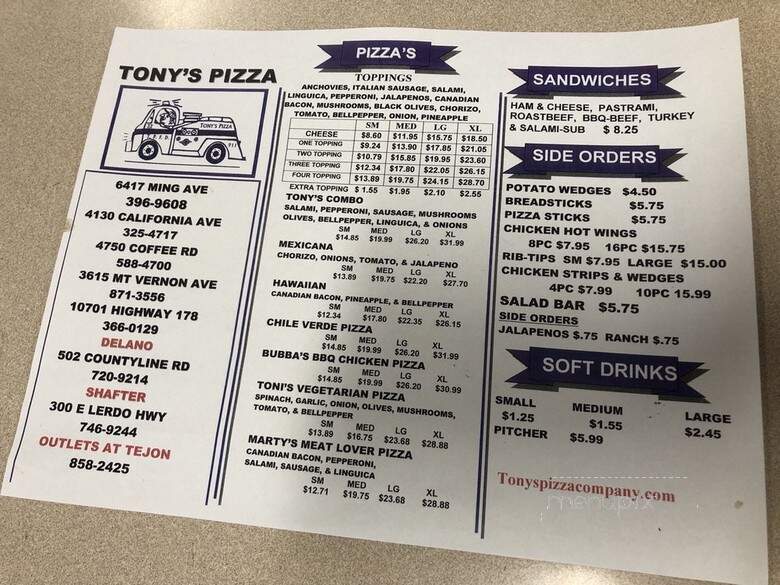 Tony's Pizza - Bakersfield, CA menu_pic
