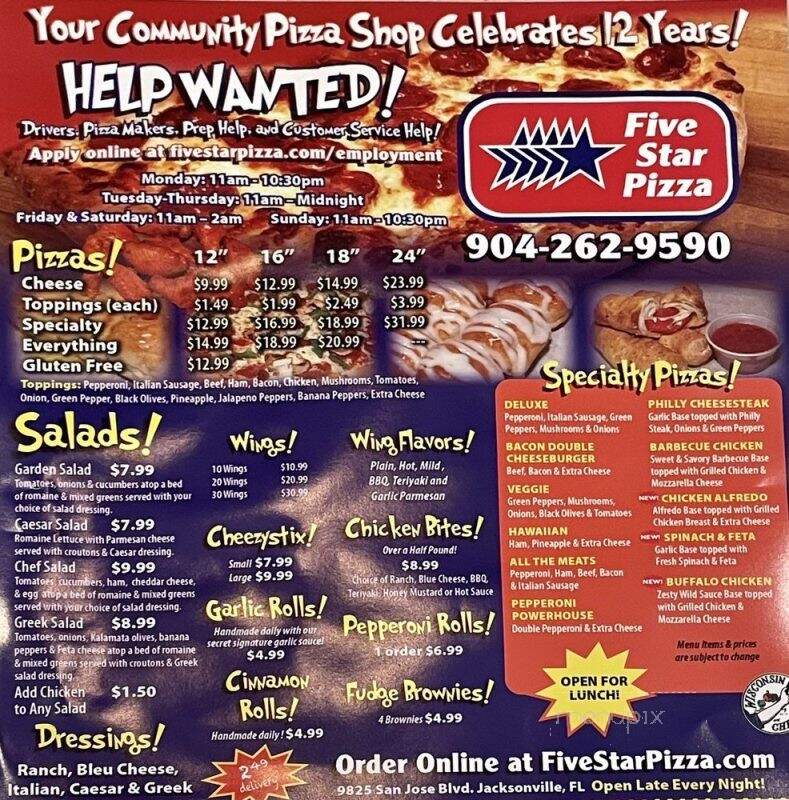 Five Star Pizza - Jacksonville, FL menu_pic