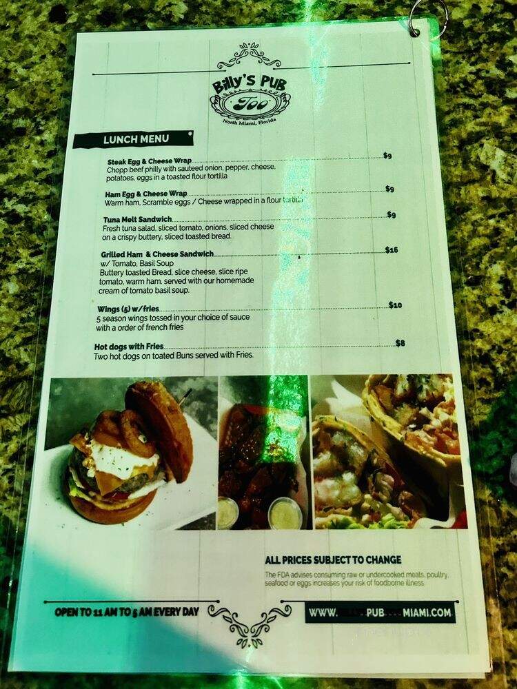 Billy's Pub Too - North Miami, FL menu_pic