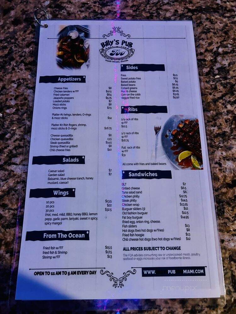 Billy's Pub Too - North Miami, FL menu_pic