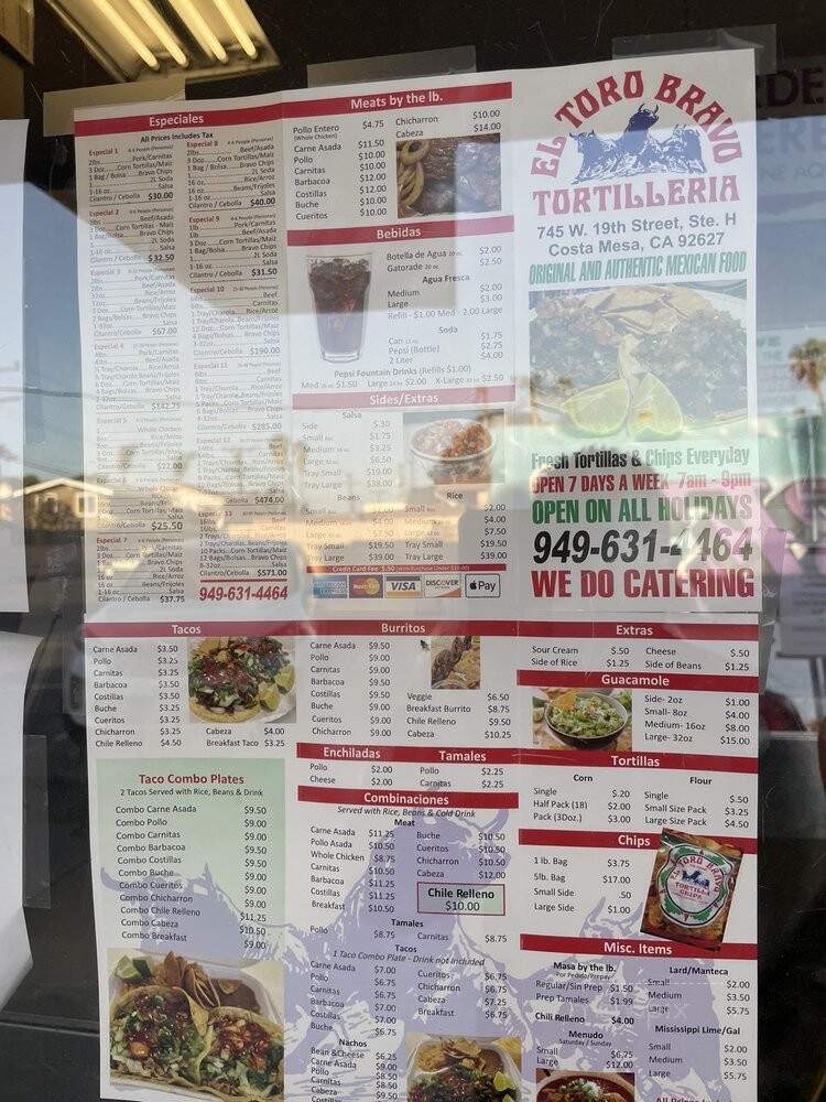 El Toro Bravo Tortilleria - Costa Mesa, CA menu_pic
