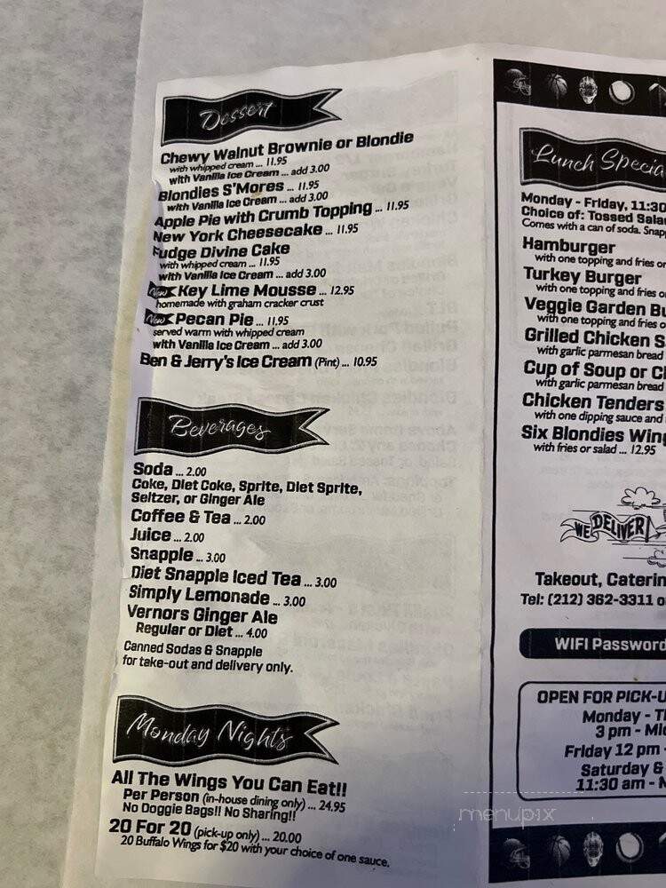Blondie's Sports - New York, NY menu_pic