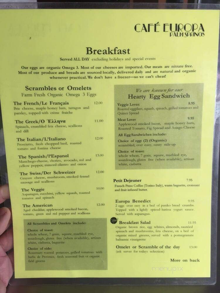 Cafe Europa - Palm Springs, CA menu_pic