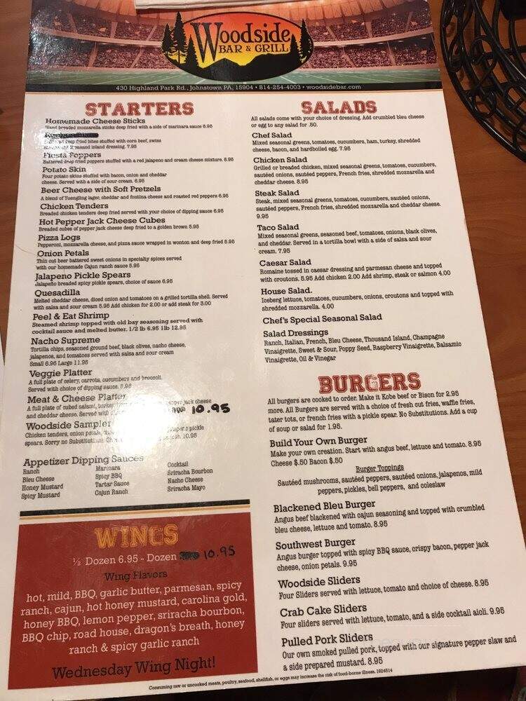 Woodside Bar Grille - Johnstown, PA menu_pic