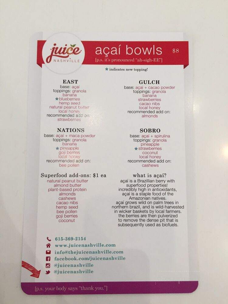 juice. Nashville - Brentwood, TN menu_pic