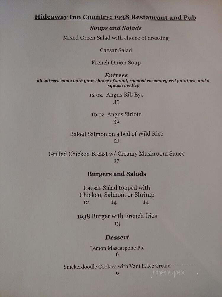Hideaway Country Inn - Bucyrus, OH menu_pic