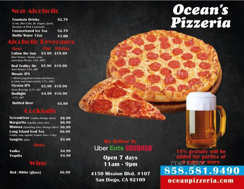 Oceans Pizzeria - San Diego, CA menu_pic