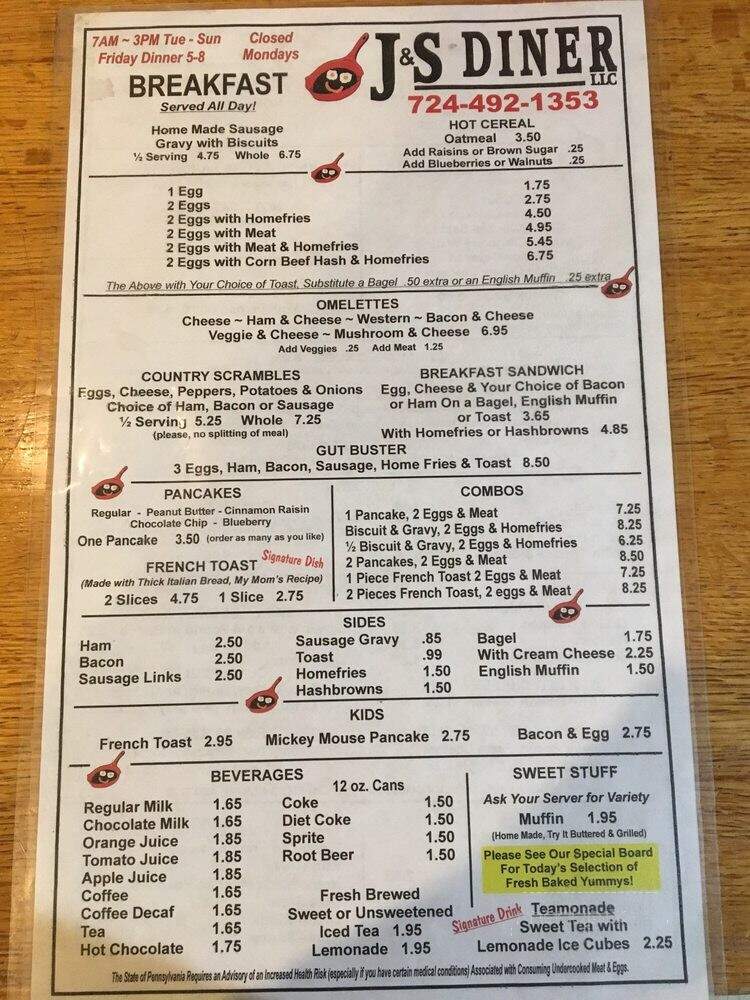 JS Diner - Bridgeville, PA menu_pic