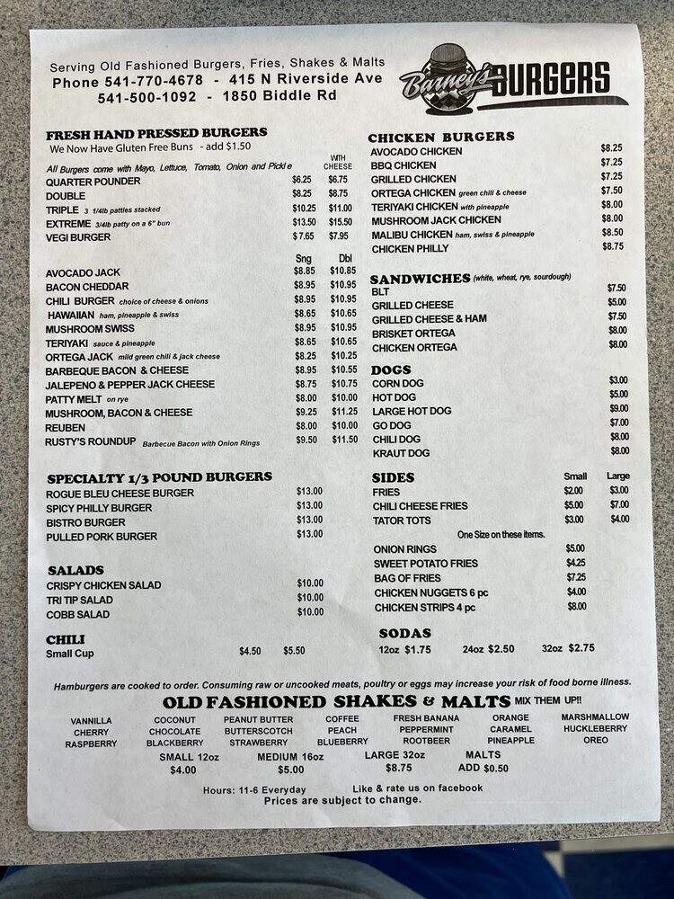 Barney's Better Burgers - Rogue River, OR menu_pic