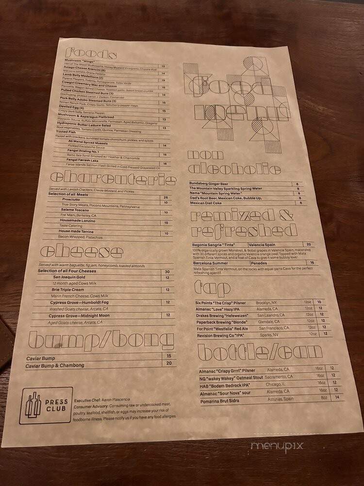 Press Club - San Francisco, CA menu_pic