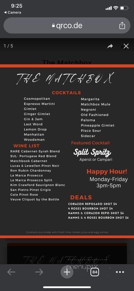 Matchbox - Chicago, IL menu_pic