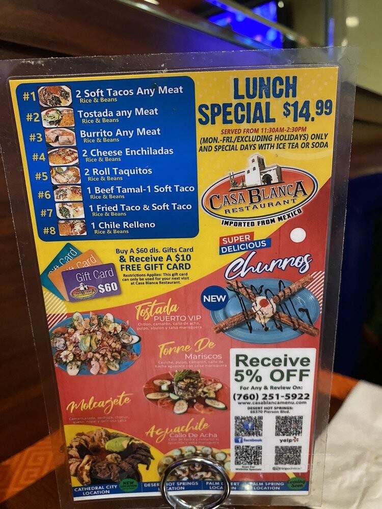 Casa Blanca Restaurant - Desert Hot Springs, CA menu_pic