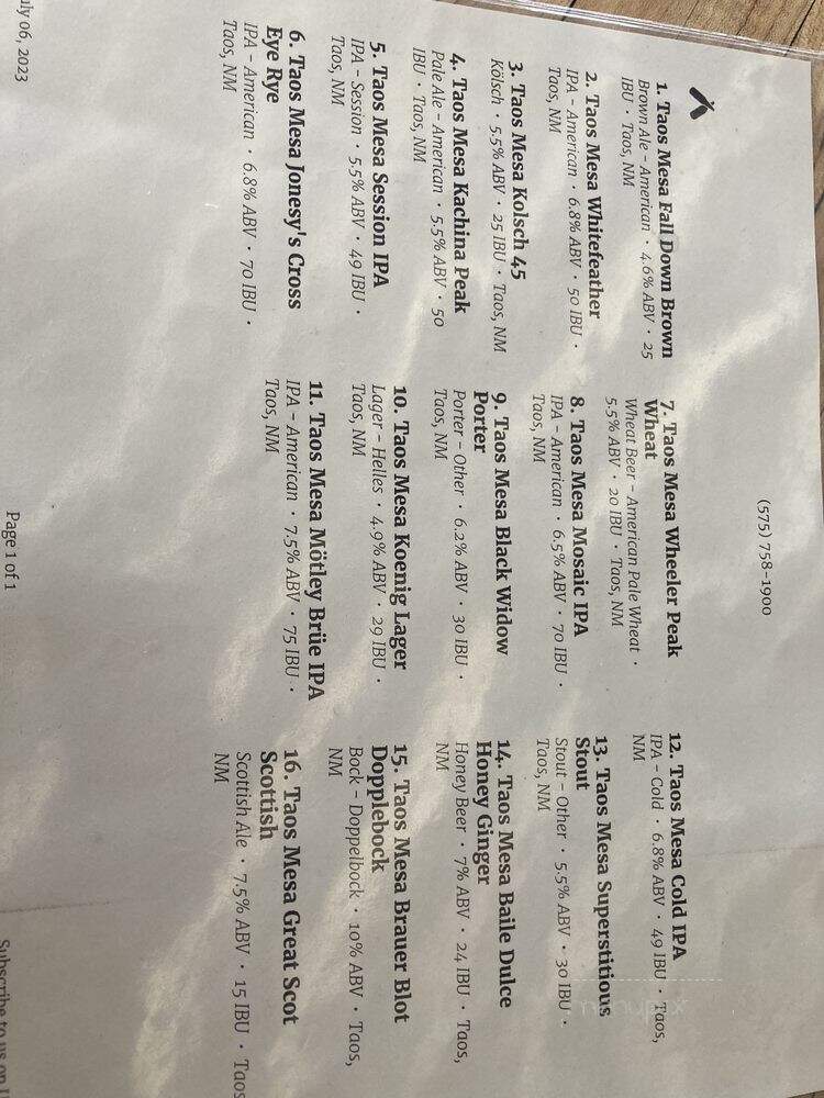 Taos Mesa Brewing - El Prado, NM menu_pic