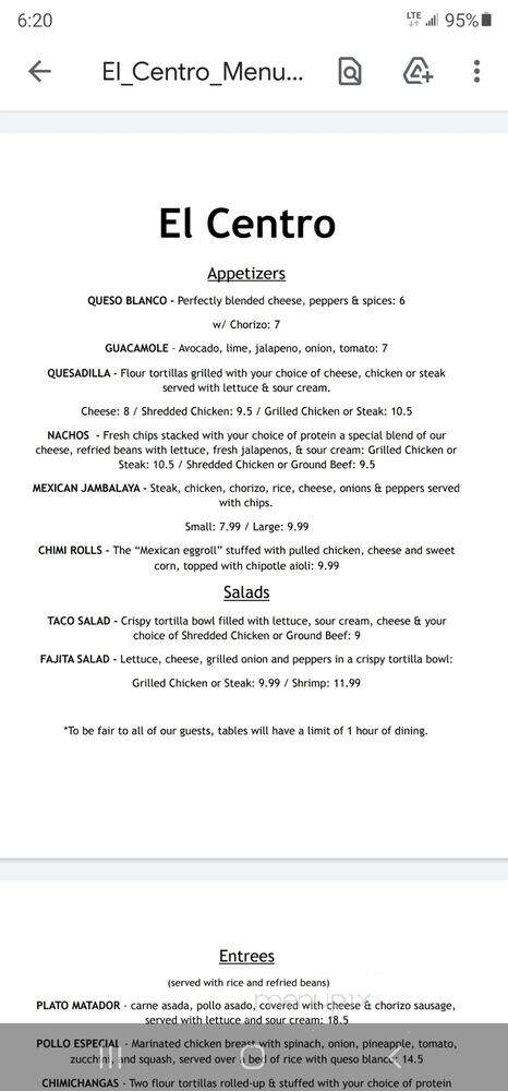 El Centro Classic Mexican Food and Drink - Winchester, VA menu_pic