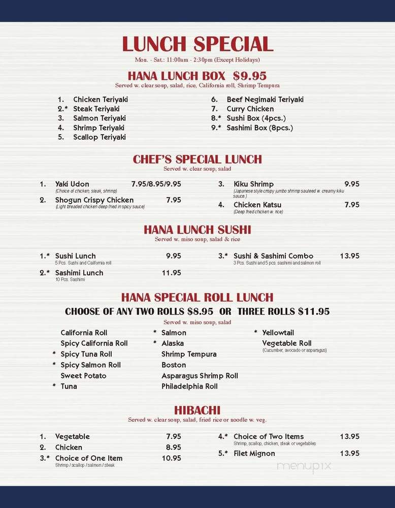 Hana Steak House - Chillicothe, OH menu_pic
