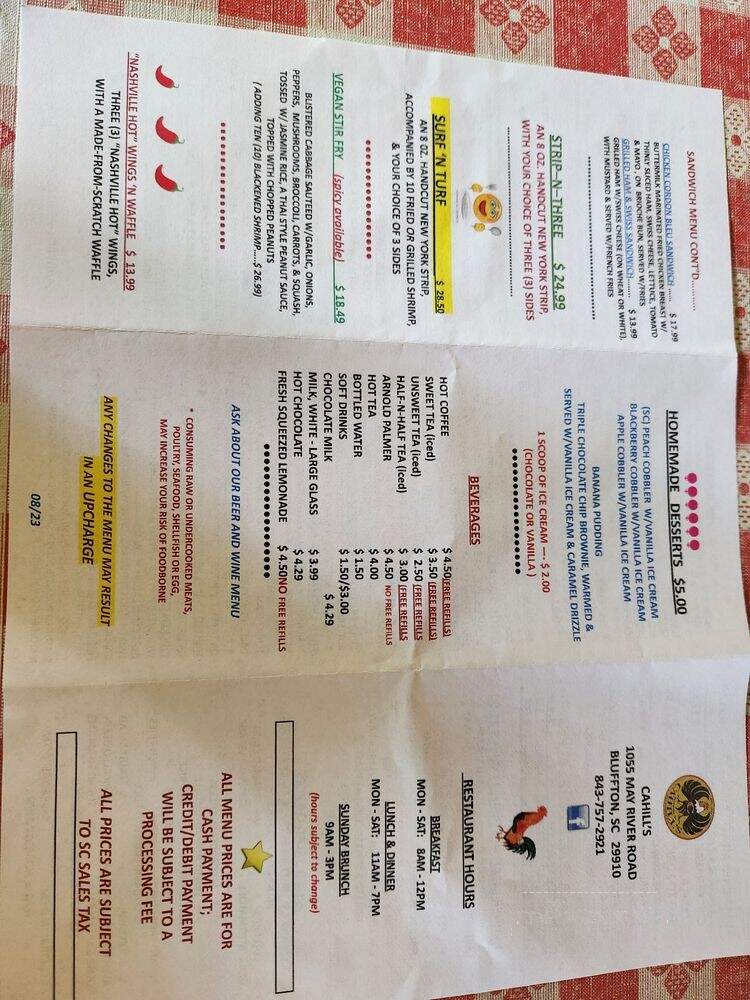 Cahill's Chicken Kitchen - Bluffton, SC menu_pic