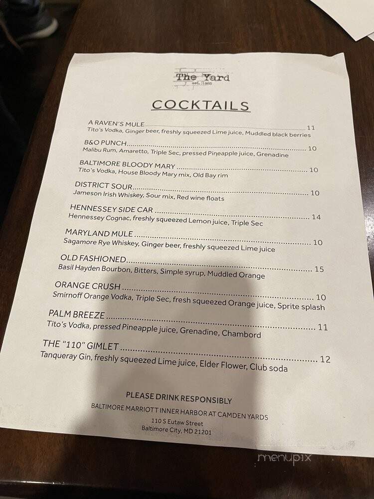 The Yard Bar Grille - Baltimore, MD menu_pic
