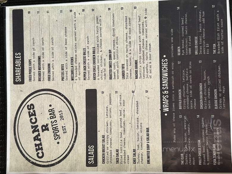 Chances R Sports Bar & Grill Inc. - Greenup, IL menu_pic