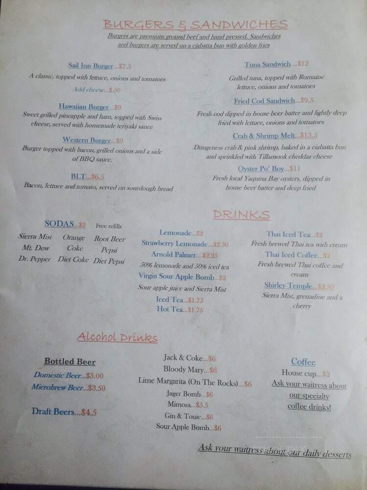 Sail Inn - Newport, OR menu_pic