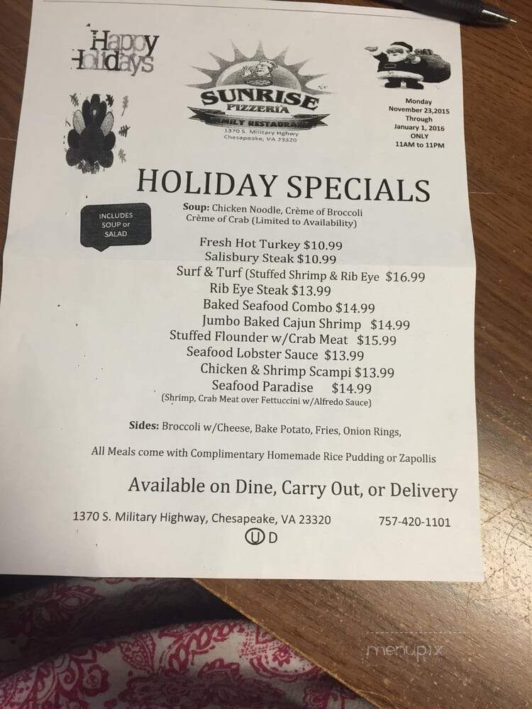 Sunrise Pizzeria - Chesapeake, VA menu_pic