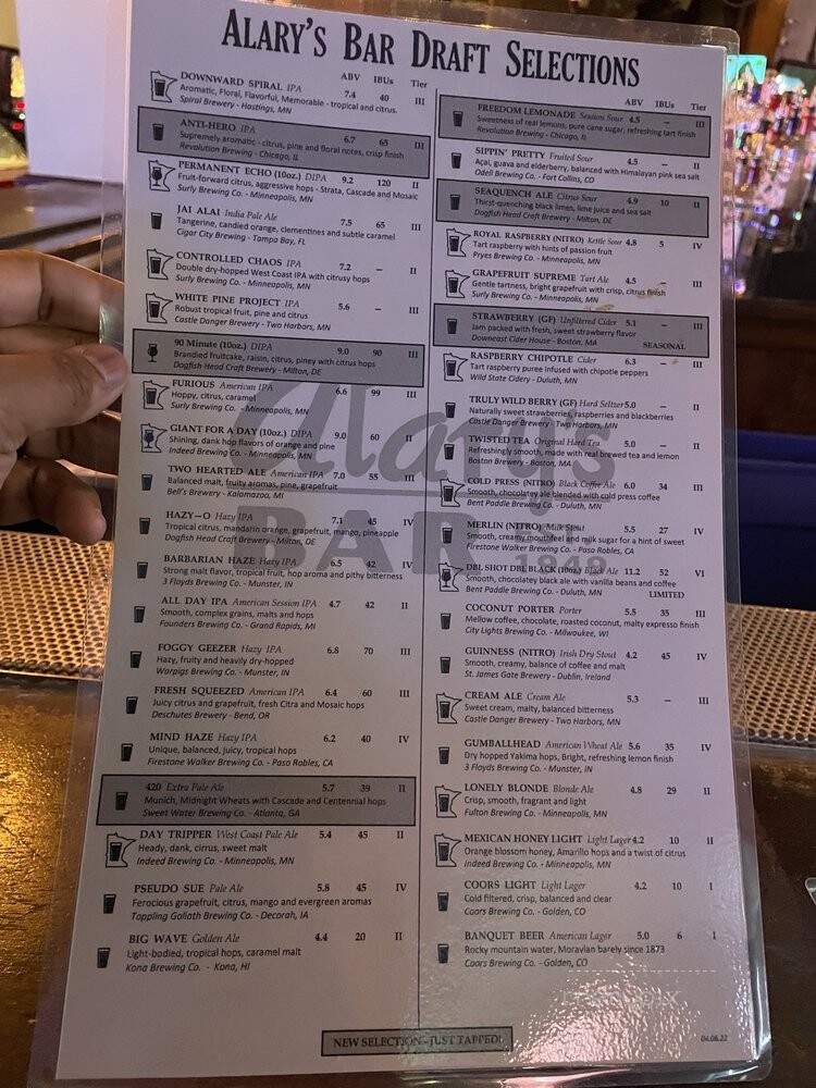 Alary's Bar - Saint Paul, MN menu_pic