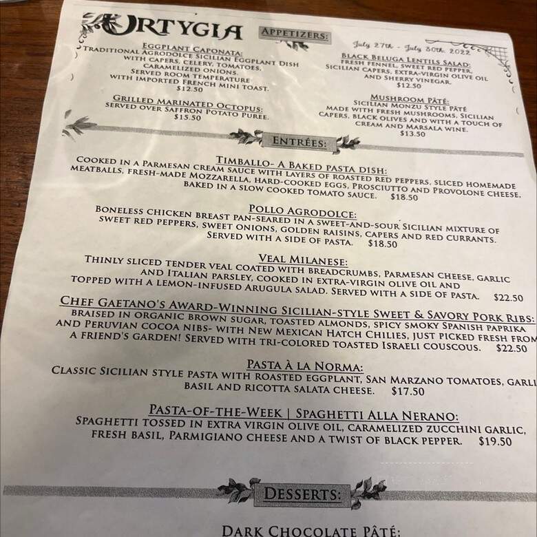 Ortygia - Bradenton, FL menu_pic